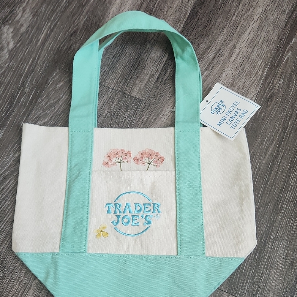 Trader Joe's Mini Pastel Green Canvas Tote Bag With Floral Design